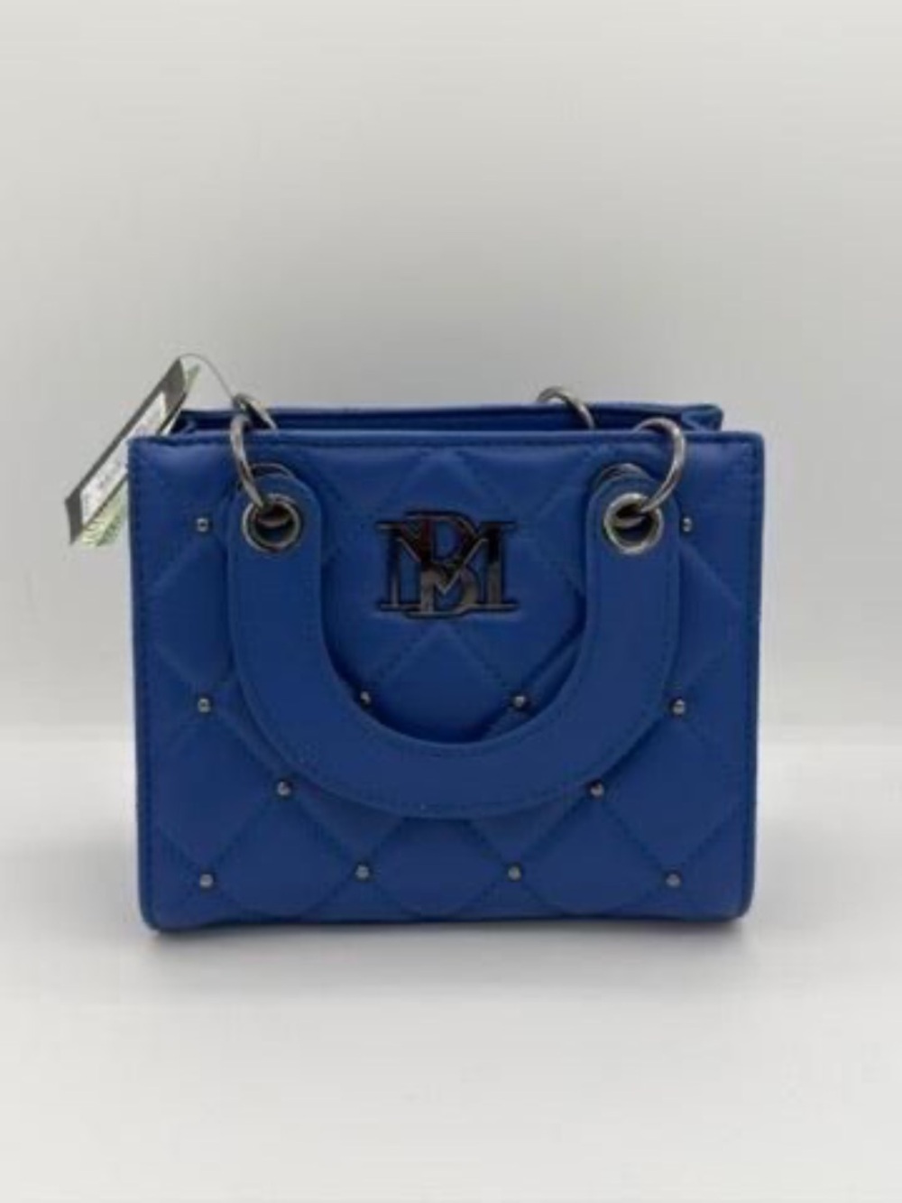 NWT Bradley Mischka Quilted Blue Satchel with Metal Logo Accent